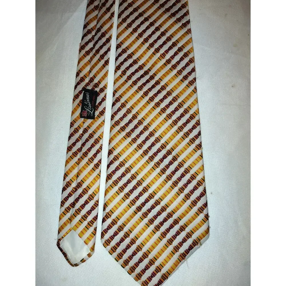 Vintage 1970s Polyester Latimer Geometric Stripe Necktie Brown Gold White